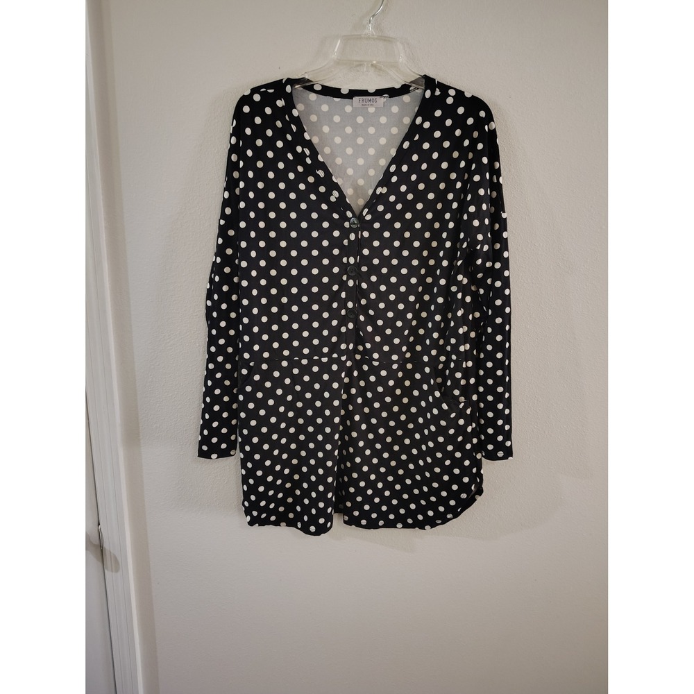 Frumos Black White Polka Dot V-Neck Tunic Top 1XL Long Sleeve Button Blouse